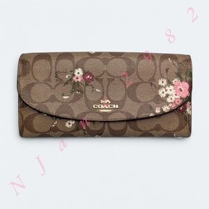 Coach Wallet Floral Signature Coated Canvas Long Brown Khaki Floral Print Snap
